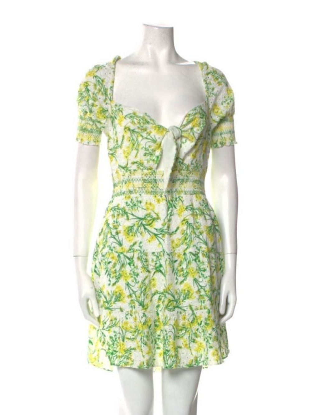 Alice + Olivia White Floral Tie-Front Mini Dress with Yellow & Green Print